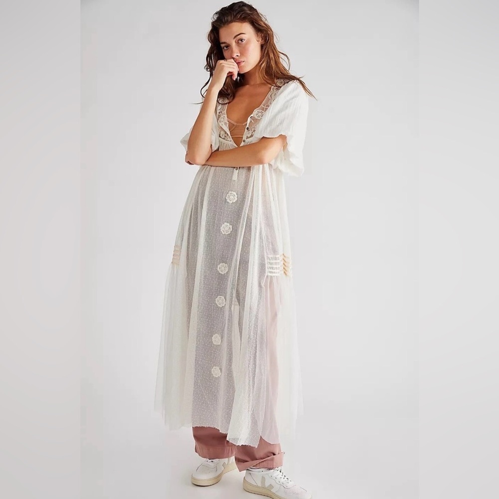 Free People Womens Arista Sheer Embroidered Maxi Top Dress Sz Small Ivory Boho